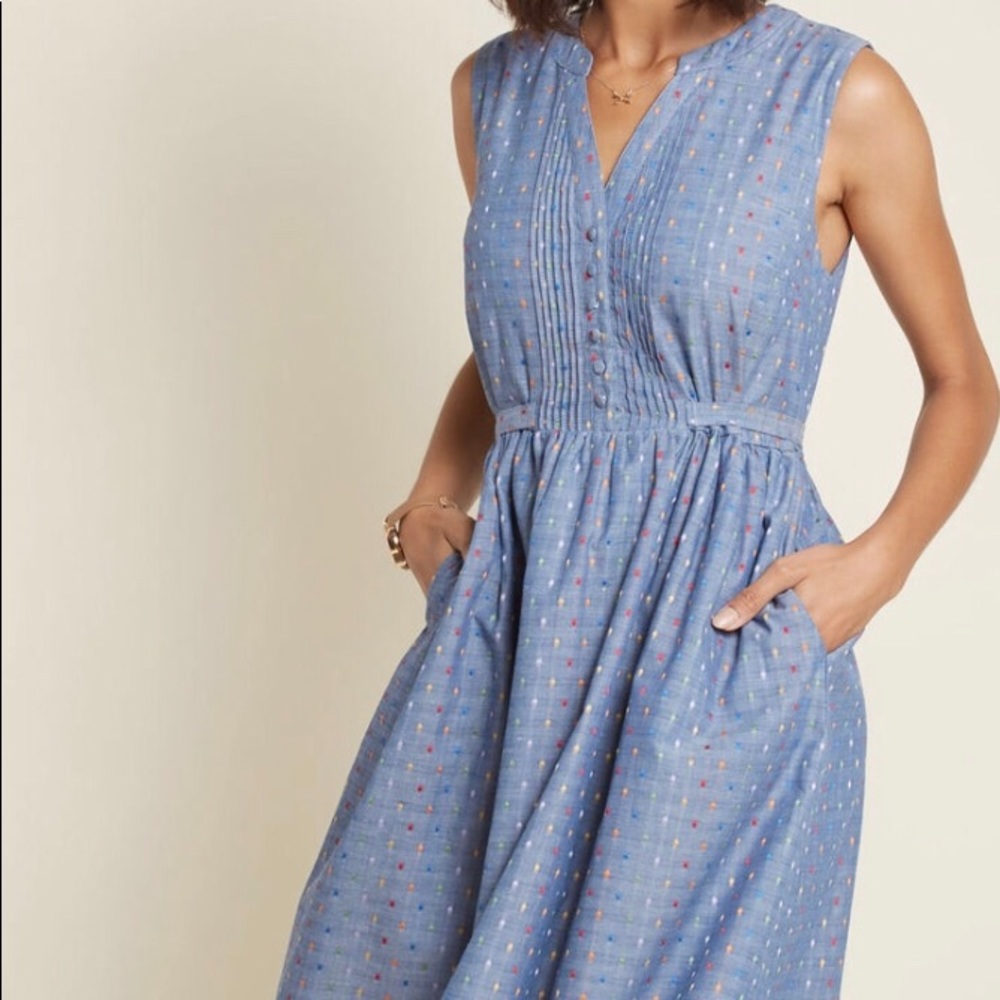 Modcloth rainbow dot chambray dress expert zeal M